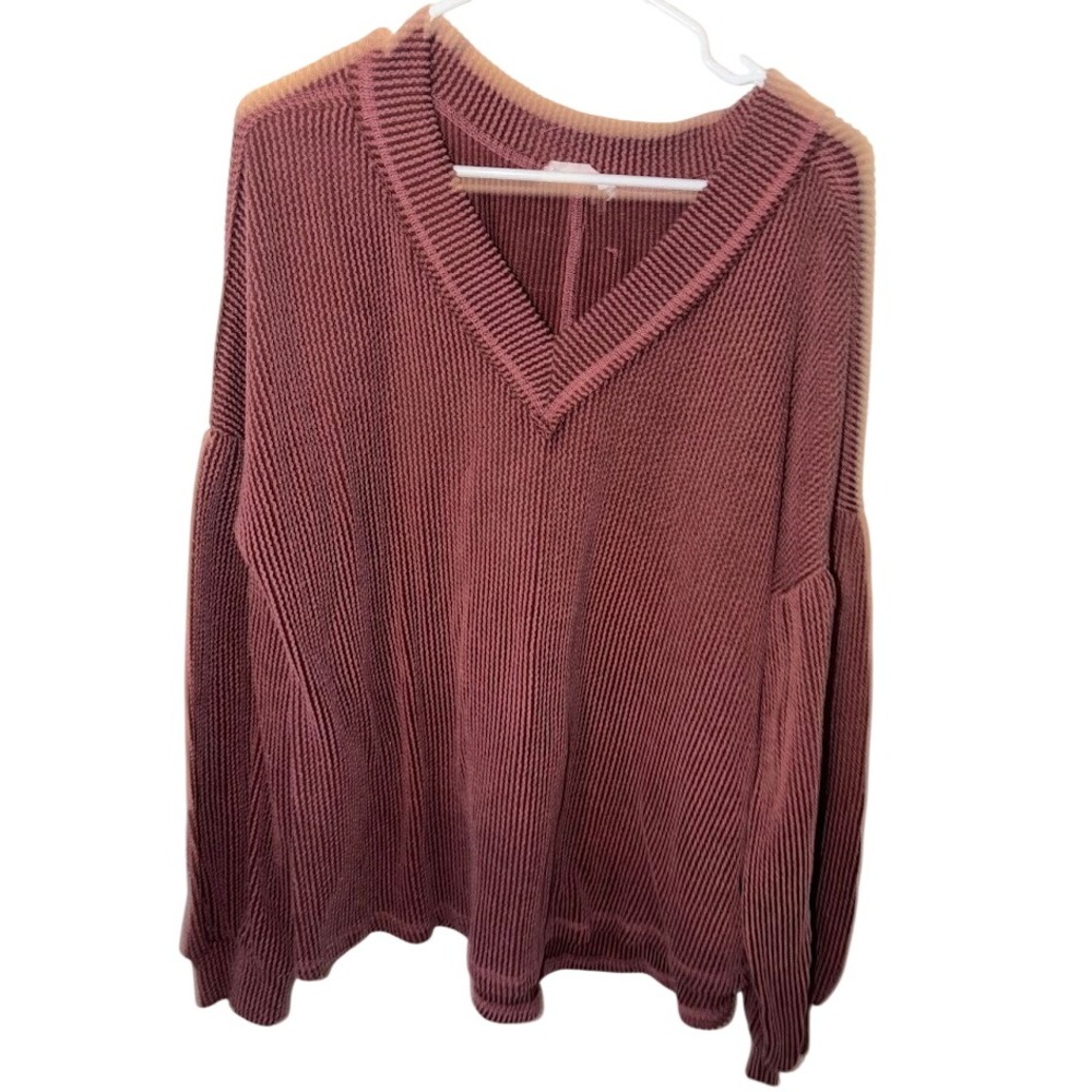 Womens Large Mauve Ribbed V-Neck Oversized Pullover Sweater Long Sleeve Z1220